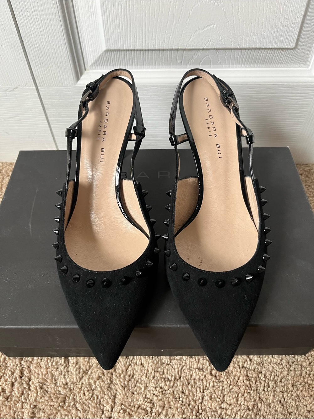 🖤 Barbara Bui - Black Studded Suede & Patent Slingback Pumps w Stiletto Heel
